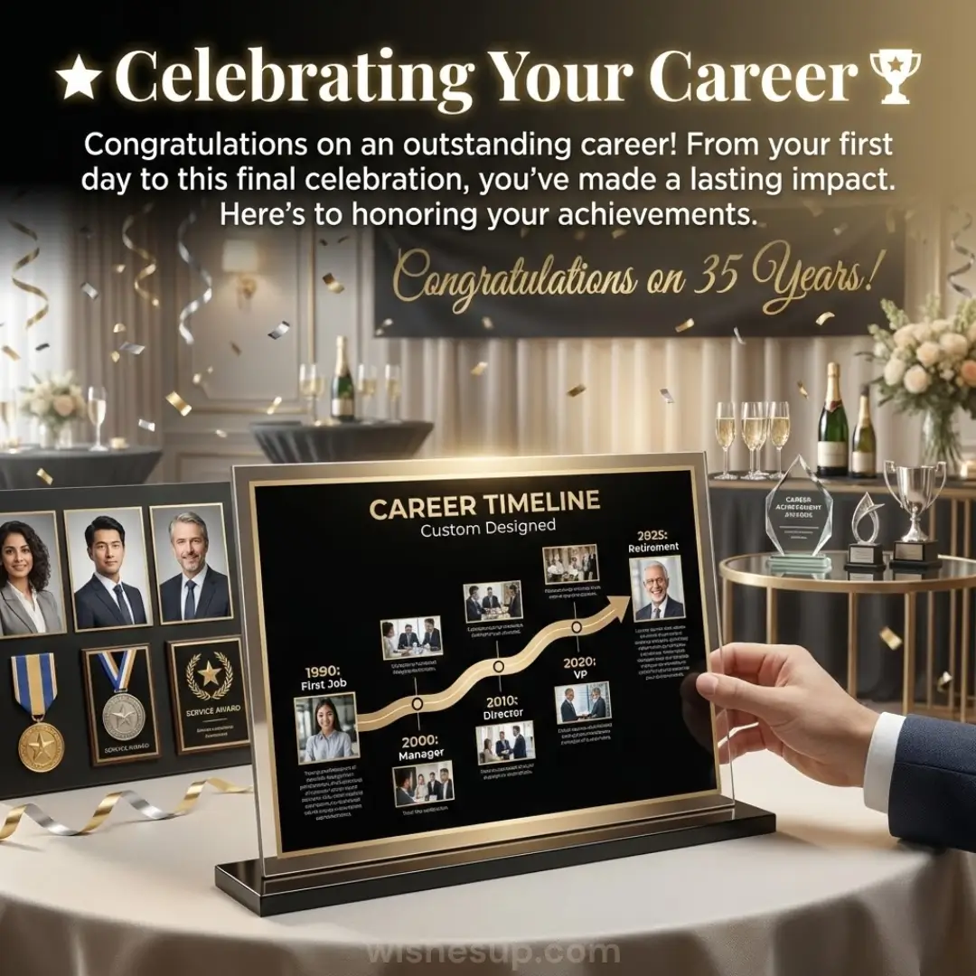 Sleek black and gold career timeline plaque rests on a cream tablecloth under warm, golden light. Surrounded by champagne and silver trophies, the scene features falling confetti and a banner celebrating 35 years.
