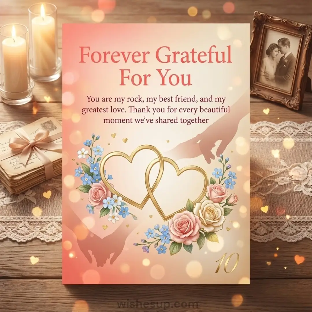 A romantic tenth-anniversary card with interlocking gold hearts and pink roses rests on a rustic wooden table under warm golden bokeh light, surrounded by lit candles and vintage letters in a nostalgic setting.
