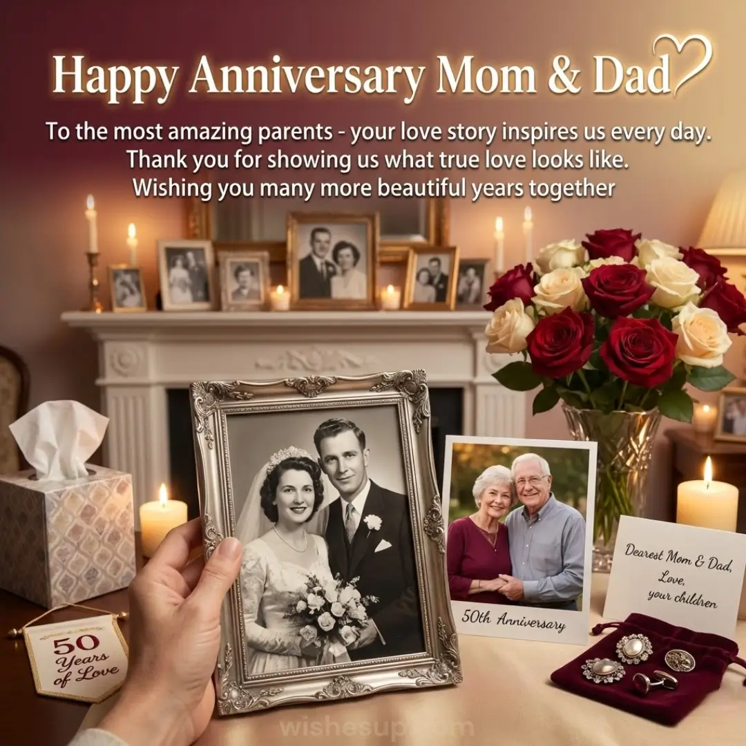 A hand holds an ornate silver-framed wedding portrait beside a modern anniversary photo, bathed in the warm glow of flickering candles. Lush red roses and velvet jewelry rest nearby, creating a nostalgic scene against a cozy, candlelit fireplace mantel.