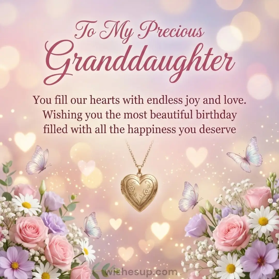 "To My Precious Granddaughter" birthday card featuring a gold heart locket, pink roses, and butterflies on a soft pastel background.