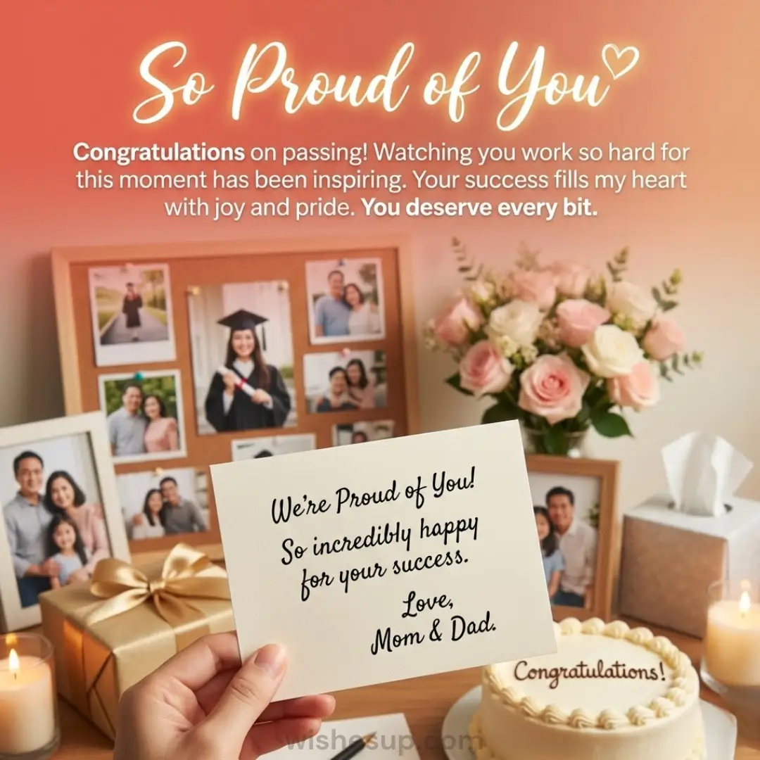 A hand holds a card from parents amidst a celebration of soft pink roses, a gold-wrapped gift, and a frosted cake. Warm, golden lighting bathes a background of graduation photos, creating a nostalgic and joyous atmosphere.