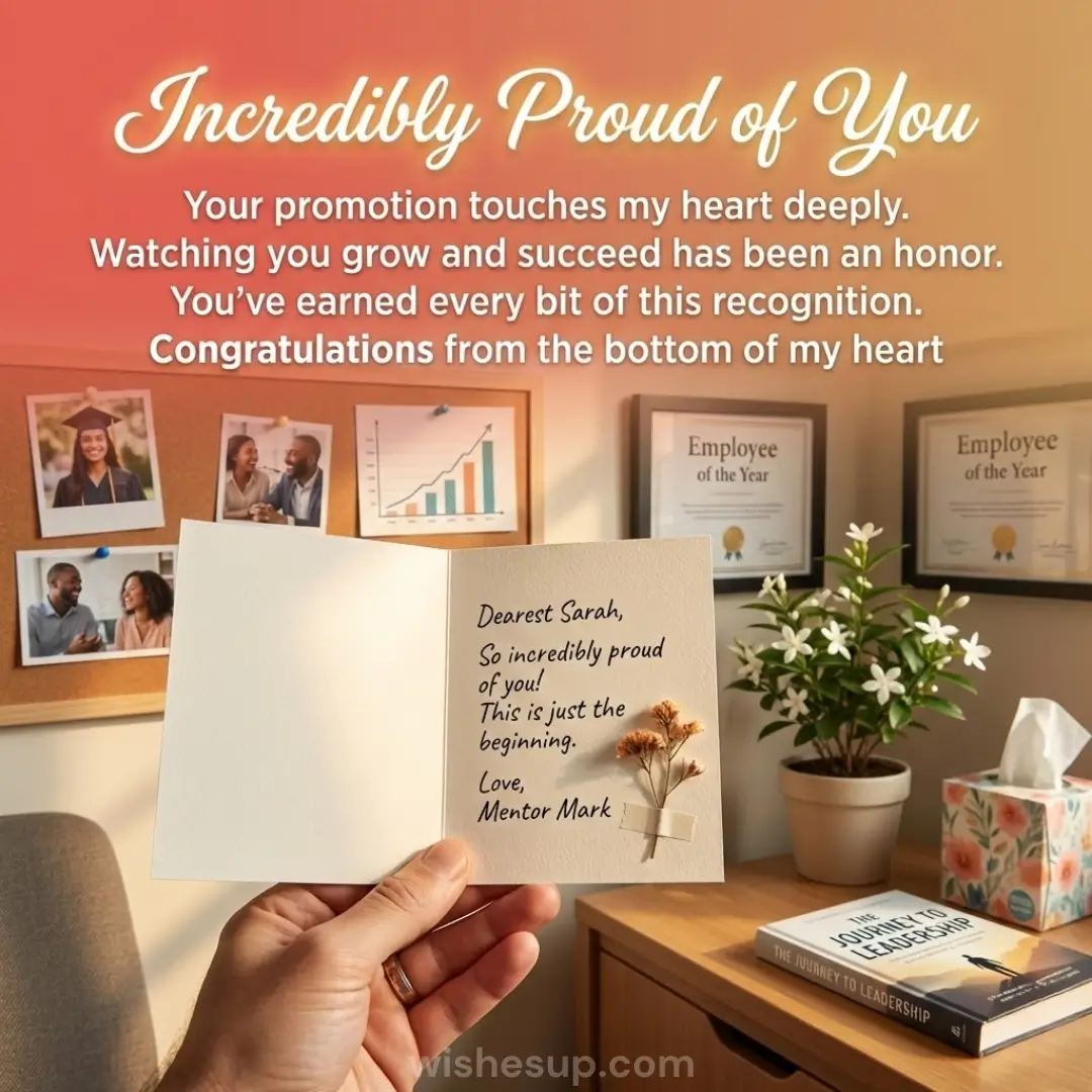 A hand holds a handwritten card illuminated by warm, golden afternoon sunlight. Framed awards and a photo-filled corkboard rest on a wooden desk alongside a lush green plant, creating a textured atmosphere of professional success and heartfelt mentorship.