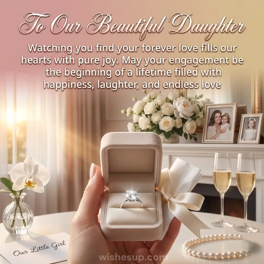 A sparkling diamond ring rests in a cream velvet box, held before white roses and champagne flutes in warm golden sunlight. This elegant scene features framed photos and silk ribbons, creating a romantic atmosphere with soft textures and muted hues.