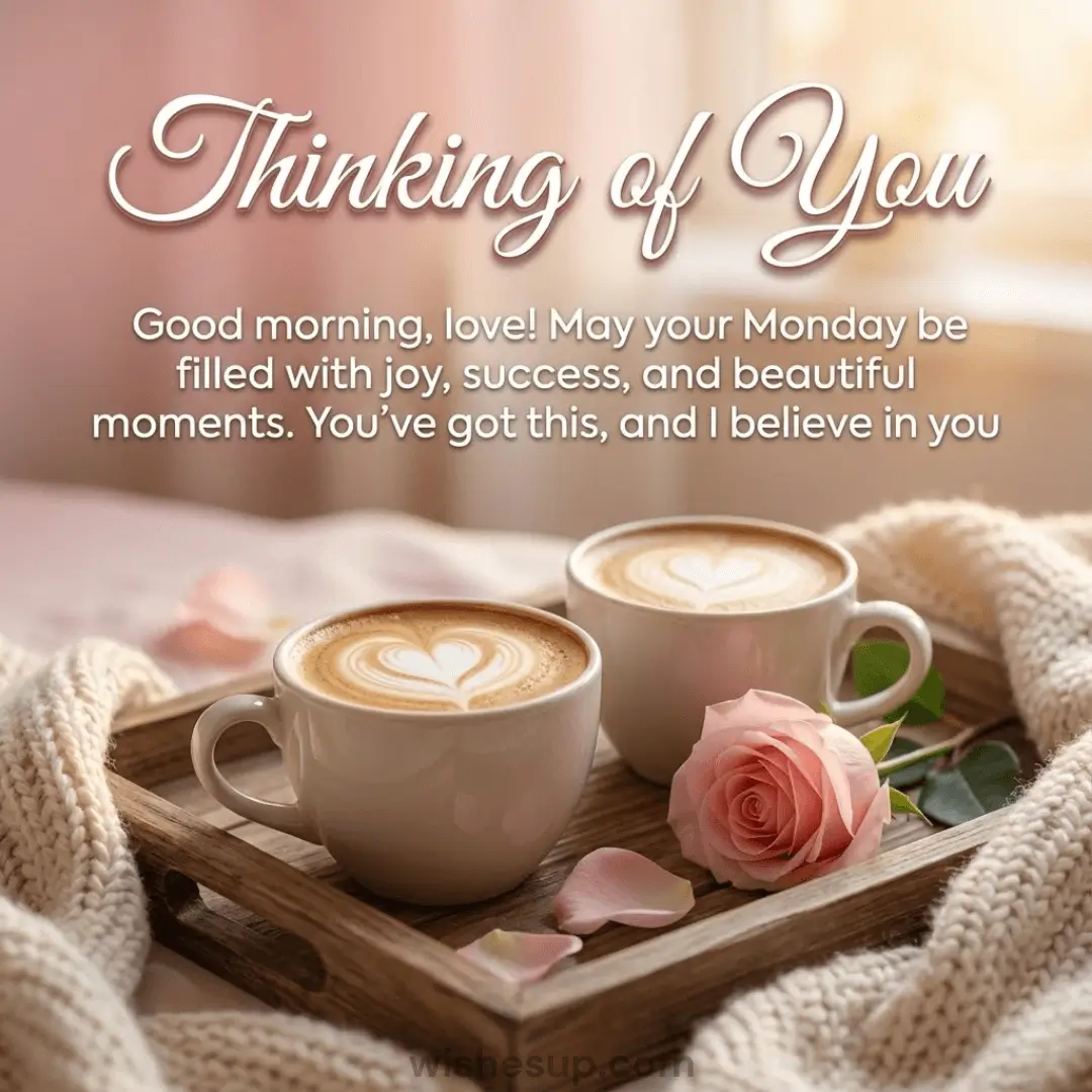 Two creamy lattes with heart-shaped foam art rest on a wooden tray beside a soft pink rose. Nestled in a chunky knit blanket under warm, diffused light, the scene features a motivational "Thinking of You" Monday morning message.