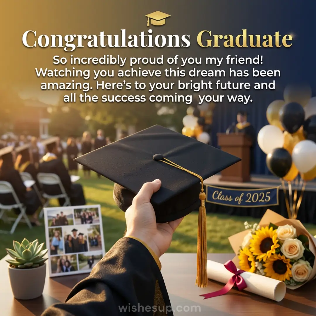 A hand lifts a black graduation cap with a golden tassel against a sun-drenched outdoor ceremony. Vibrant sunflowers and a rolled diploma glow under warm golden hour light, framed by celebratory text for a Class of 2025 graduate.