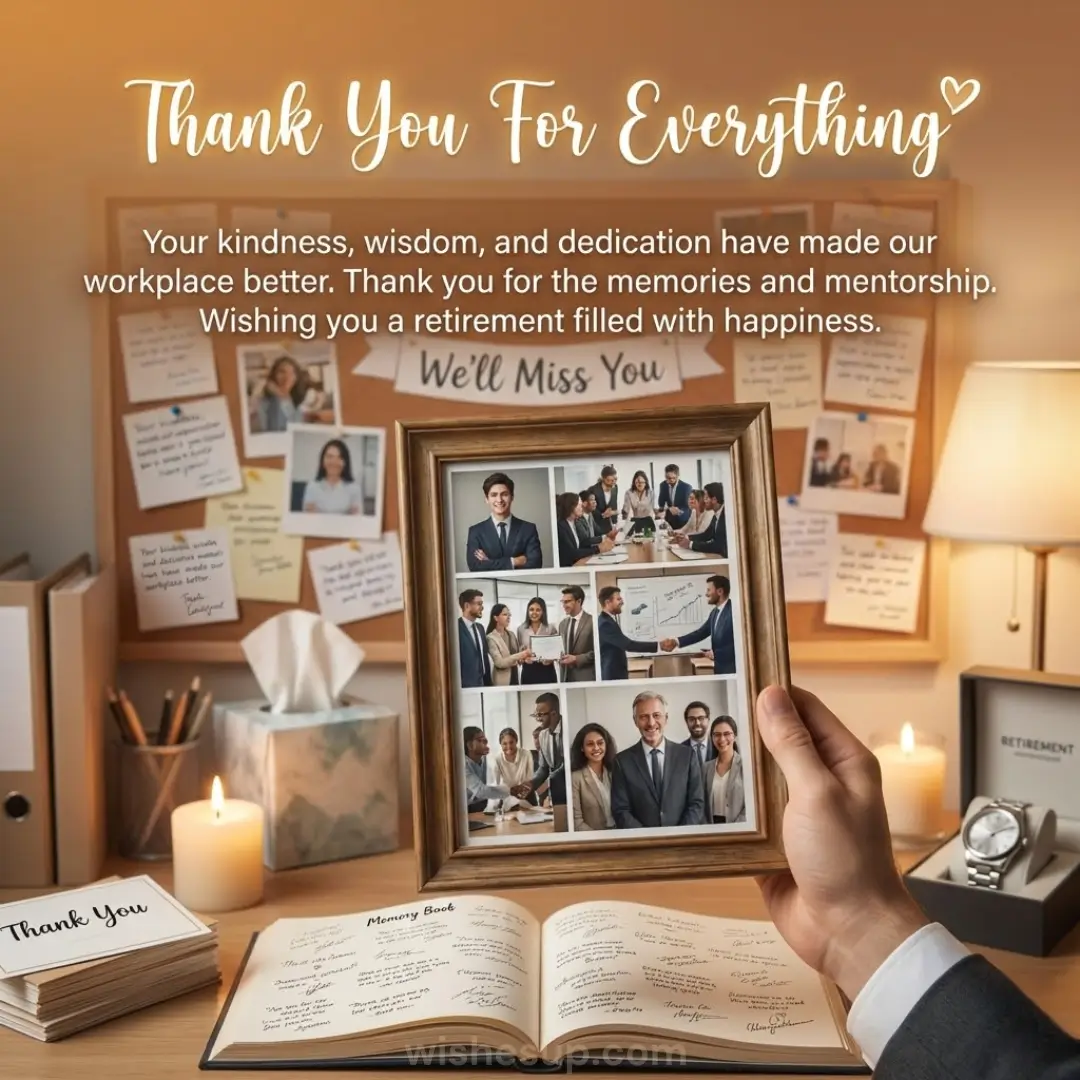 A hand holds a wooden-framed photo collage over a signed memory book, bathed in a warm, golden candlelit glow. This sentimental retirement scene features a gift-boxed watch and a corkboard pinned with nostalgic office photos under soft, ambient light.