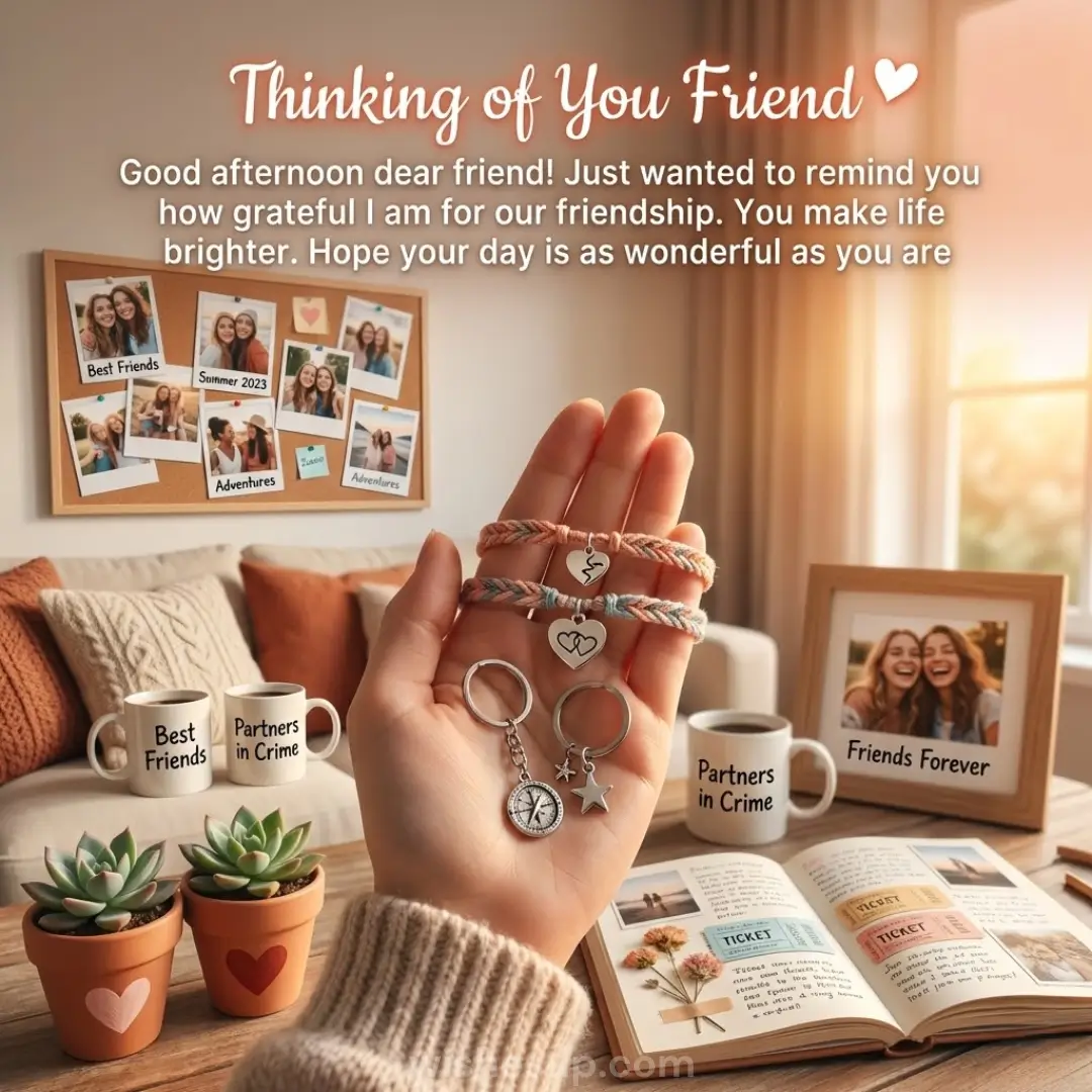 Woven friendship bracelets and silver charms rest in a palm, bathed in soft golden light. A cozy scene of a photo-filled corkboard and 'Best Friends' mugs creates a nostalgic atmosphere of cherished memories on a rustic wooden surface.