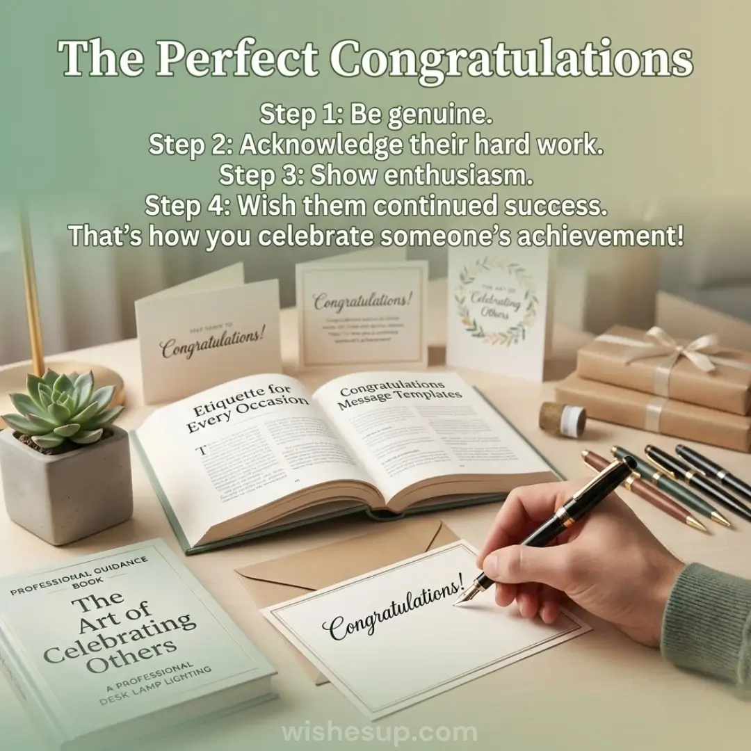A hand writes "Congratulations!" with a sleek fountain pen on cream cardstock, beside an open etiquette book and a stone-potted succulent. Warm, diffused light bathes the sage green workspace and elegant, ribbon-tied gifts in a serene, professional atmosphere.