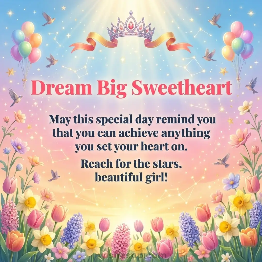 "Dream Big Sweetheart" birthday wish for a girl featuring a jeweled tiara, pastel balloons, and vibrant spring flowers like tulips and daffodils.