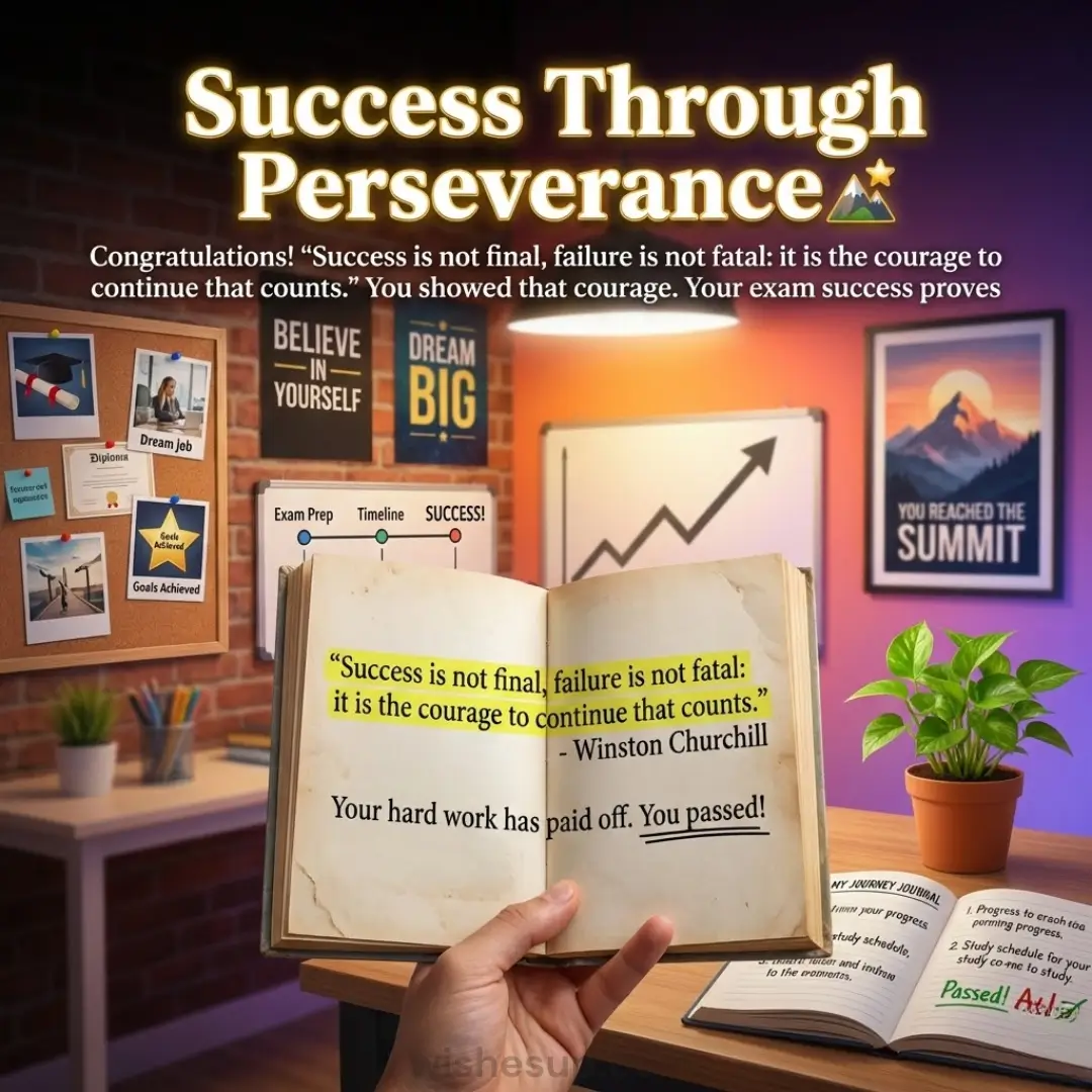 A hand holds an open, yellowed book with a highlighted Churchill quote in a cozy, warm-lit study. The background features a textured corkboard and lush green plant, capturing a celebratory atmosphere of academic success.