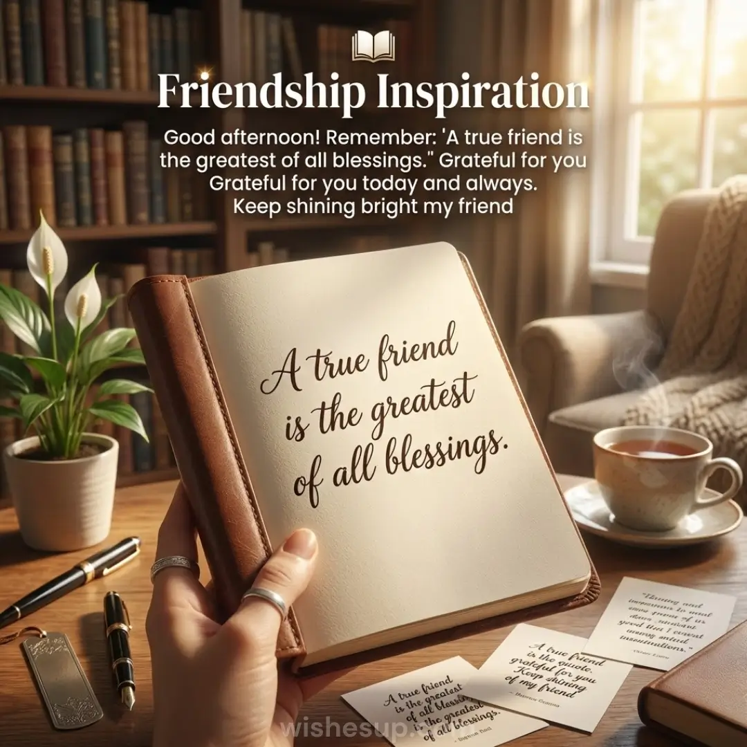 A hand holds a rich brown leather journal inscribed with "A true friend is the greatest of all blessings" on cream paper. Bathed in golden sunlight, the library setting features a steaming tea cup and fountain pens on a polished wooden desk.