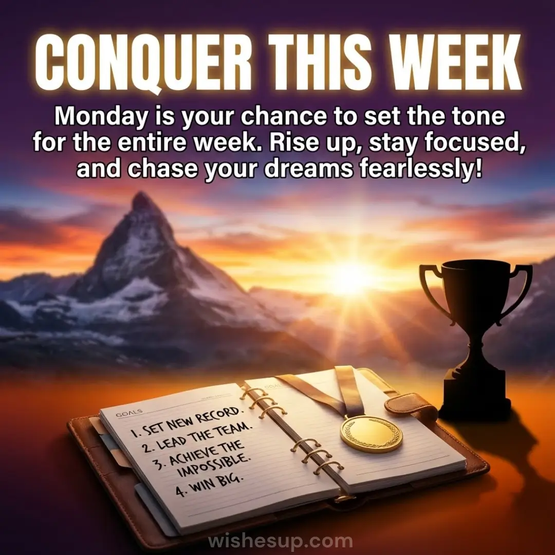 An open leather planner with handwritten goals rests beside a metallic gold medal and trophy silhouette. A radiant sunrise casts warm light over a jagged mountain peak, framing the "Conquer This Week" text against a vibrant sky.