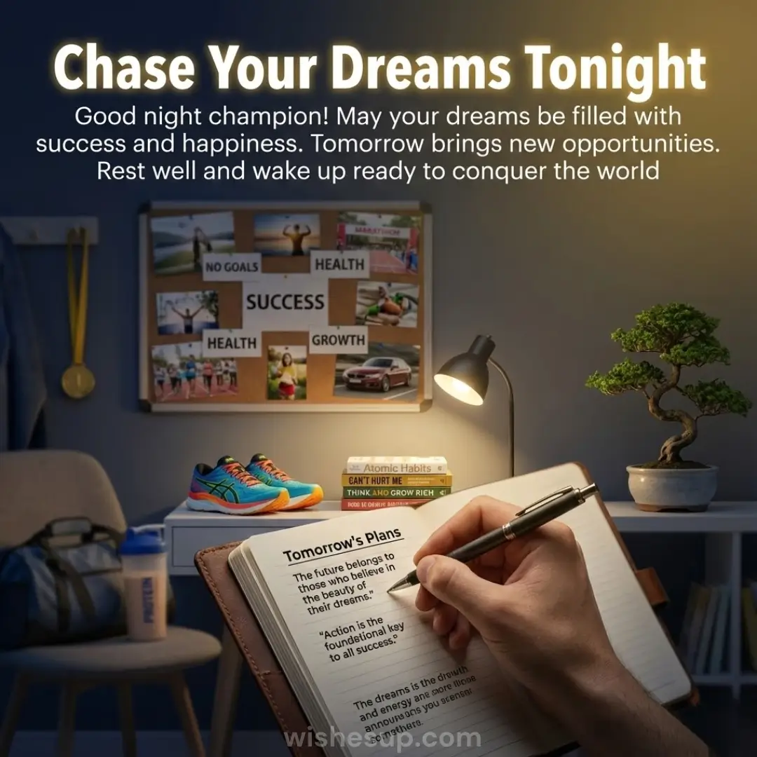 A hand pens goals in a leather-bound journal under a warm lamp's golden glow. Vibrant blue running shoes, self-help books, and a lush bonsai tree rest nearby, set against a motivational vision board in a quiet, dimly lit study.