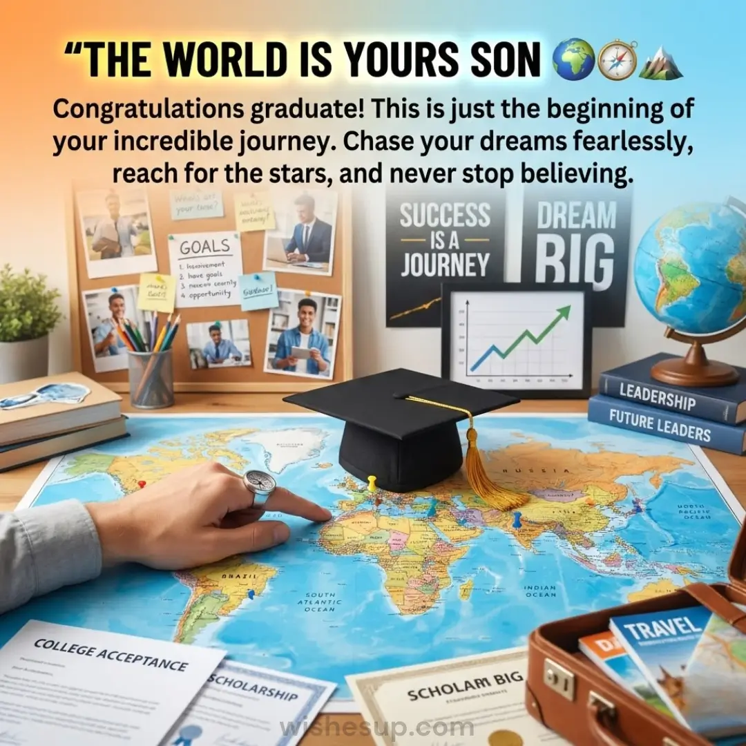 A black mortarboard with a shimmering gold tassel rests on a vibrant world map. A hand wearing a compass ring points toward a destination, surrounded by scholarship papers and motivational decor under soft, warm, inspiring light.