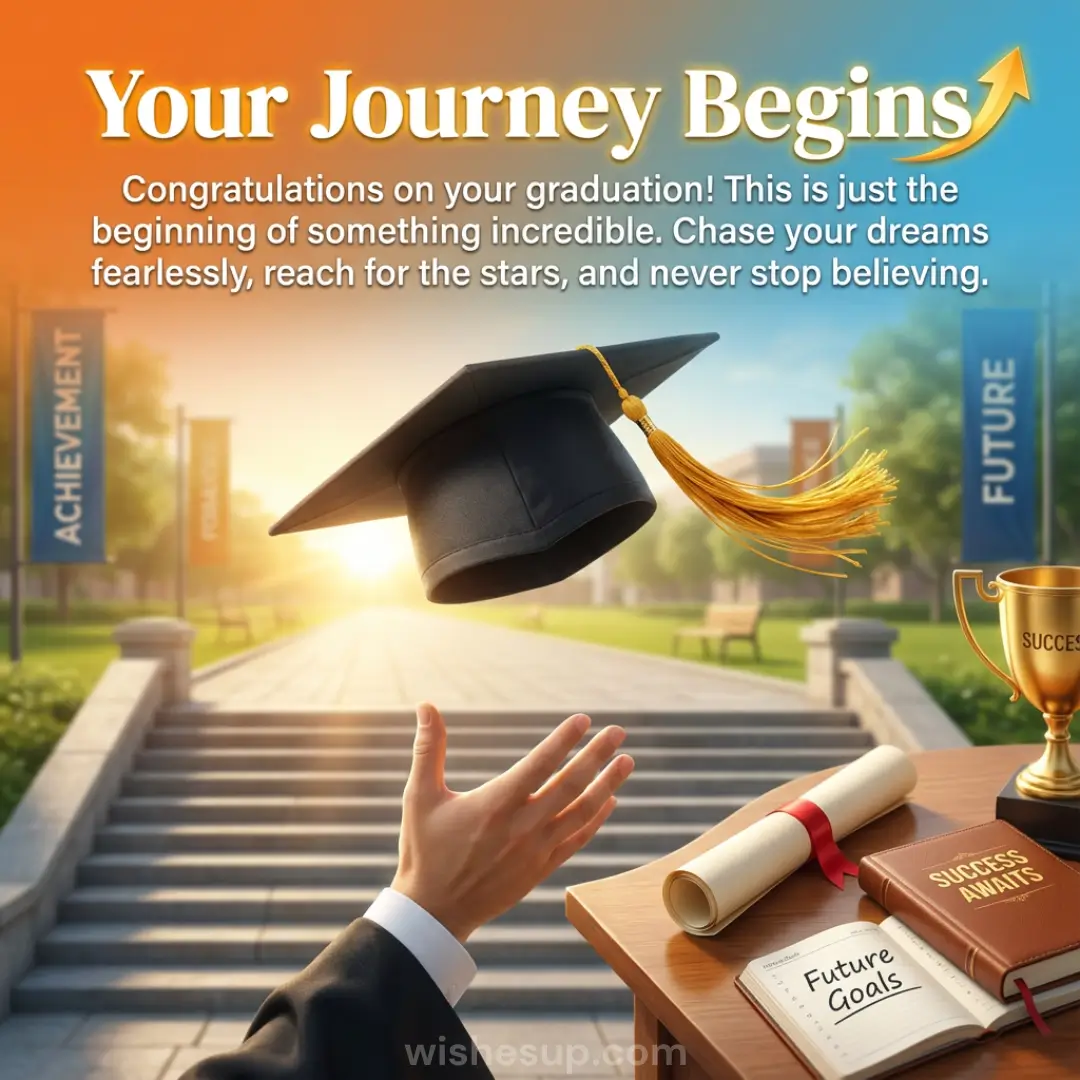 A matte black graduation cap with a golden tassel floats above an outstretched hand toward a radiant sunrise. Beside stone stairs, a wooden desk holds a rolled diploma and "Success Awaits" book in a warm, hopeful glow.