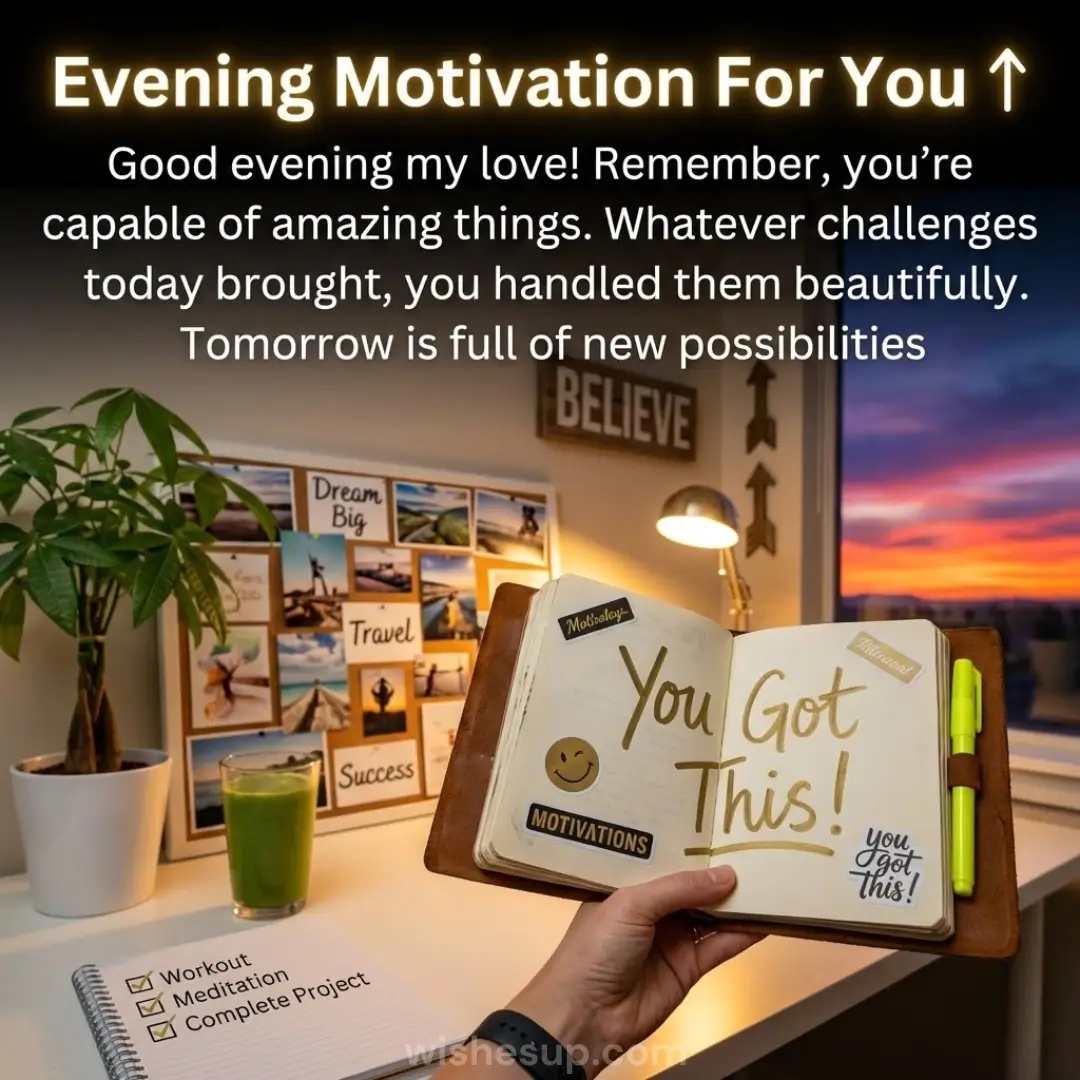 A hand holds a leather journal reading "You Got This!" beside a lush green plant. Warm lamp light glows against a fiery orange sunset, illuminating a cozy desk featuring travel photos and a completed daily checklist.