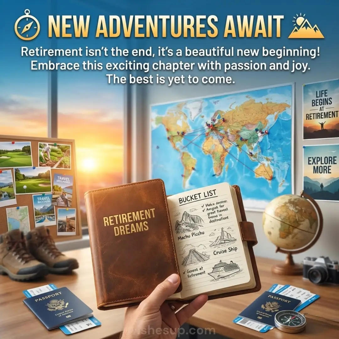 A hand holds a weathered leather journal titled "RETIREMENT DREAMS," illuminated by a warm sunset glow. Passports, hiking boots, and a pinned world map fill the background, creating an atmosphere of eager exploration and new beginnings.