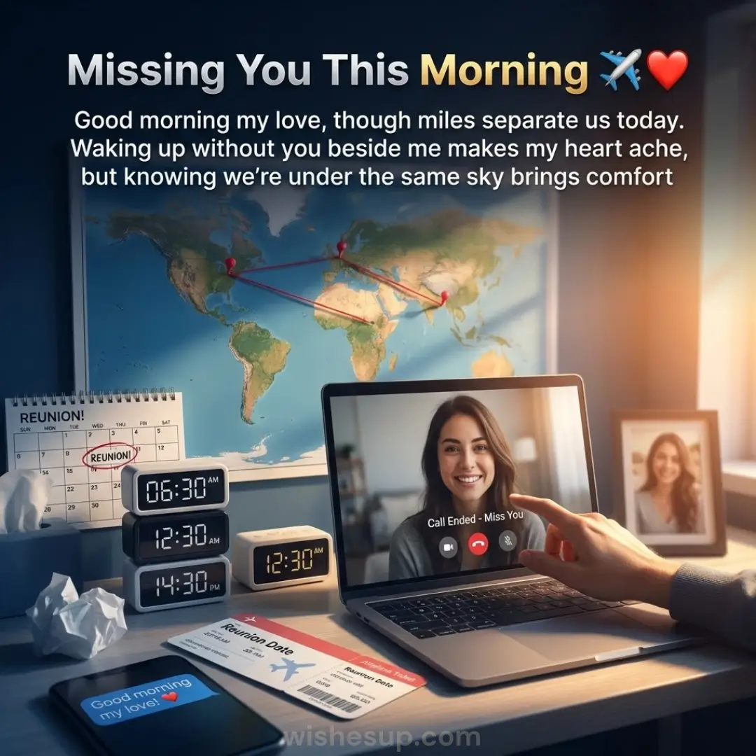 A laptop displaying a smiling woman sits on a desk bathed in golden morning sunlight, surrounded by digital clocks and a flight ticket. A world map hangs behind, contrasting warm sunbeams with the room's cool, dim atmosphere to evoke a poignant long-distance connection.