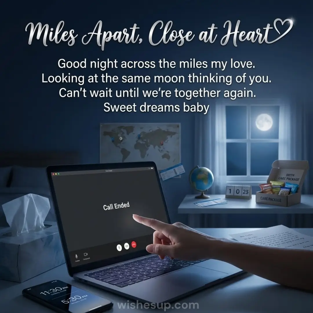 A hand touches a sleek laptop showing "Call Ended" in a room bathed in cool blue moonlight. A full moon shines through the window beside a world map and care package, while a smartphone displays dual-time alarms.