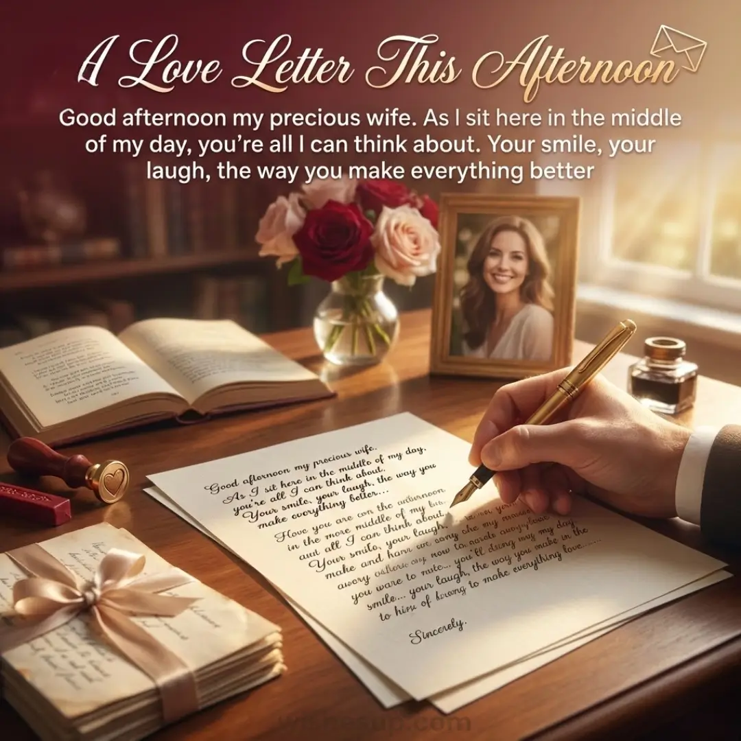 A hand writes a letter with a gold fountain pen on a polished desk, bathed in warm afternoon sunlight. Beside the paper are fresh roses, a framed portrait, and envelopes tied with a delicate silk ribbon.