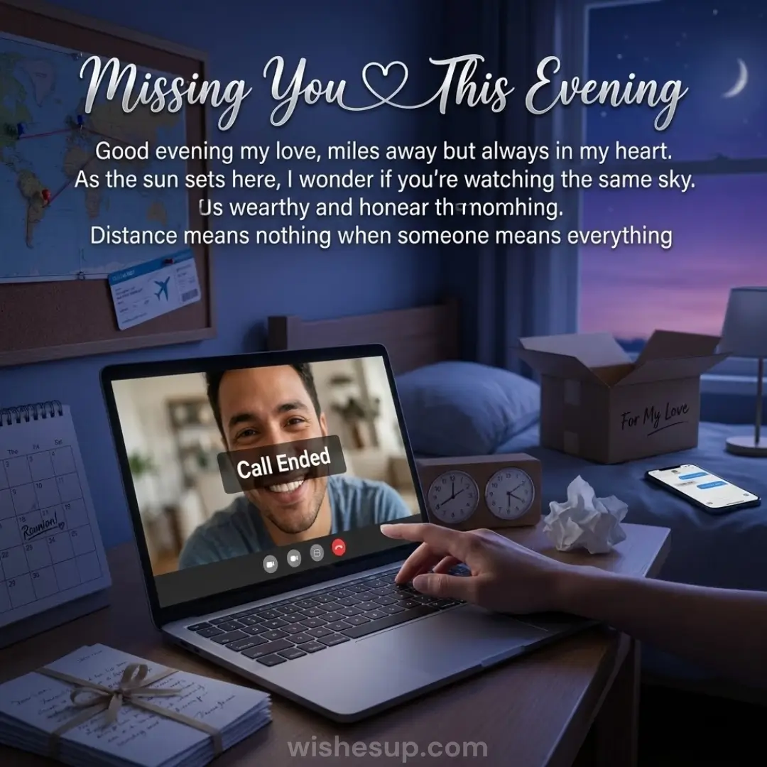 A laptop displaying a smiling man with a "Call Ended" notification sits on a desk among letters and a dual-timezone clock. Soft blue twilight and warm screen light illuminate this poignant long-distance scene under a crescent moon.