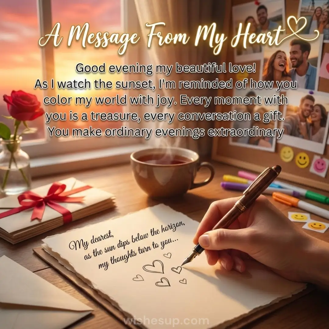 A hand writes on deckle-edged parchment with a fountain pen, illuminated by a warm golden sunset. A steaming mug and red rose rest on the wooden desk, creating a cozy, romantic atmosphere beside a photo-filled corkboard.