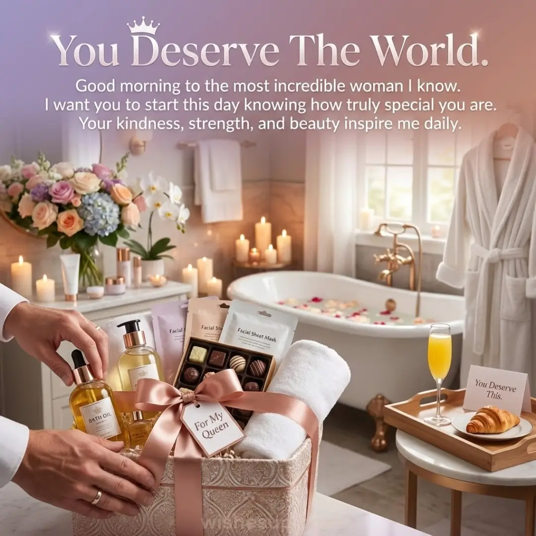 A lavish spa gift basket with a satin pink bow sits in a candlelit bathroom beside a petal-filled clawfoot tub. Soft light illuminates golden skincare oils and the romantic text "You Deserve The World" in cream and gold.