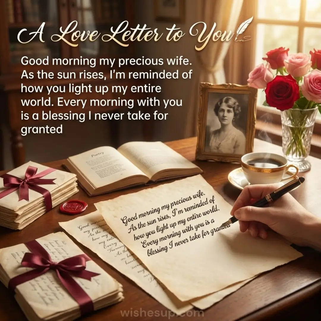 A hand uses a gold-nibbed pen to write on cream parchment under warm morning sunlight. The wooden desk holds silk-ribboned letters, steaming coffee, and crimson roses near a vintage portrait, creating a nostalgic scene of enduring love.