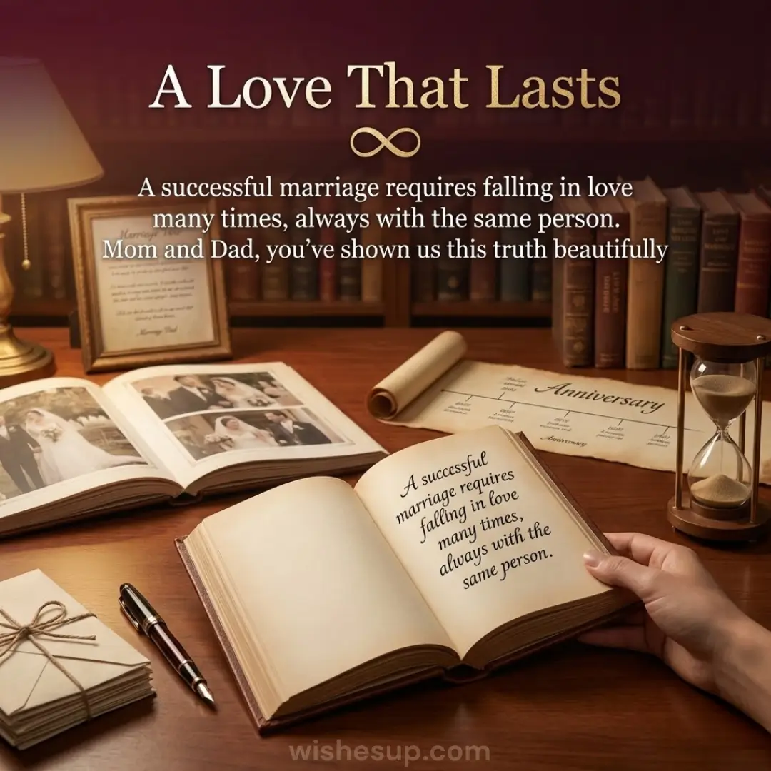 An open book with a marriage quote rests on a warm wooden desk beside a wedding album and hourglass. Soft golden lamplight illuminates cream parchment and leather-bound books, creating a nostalgic, cozy library atmosphere.