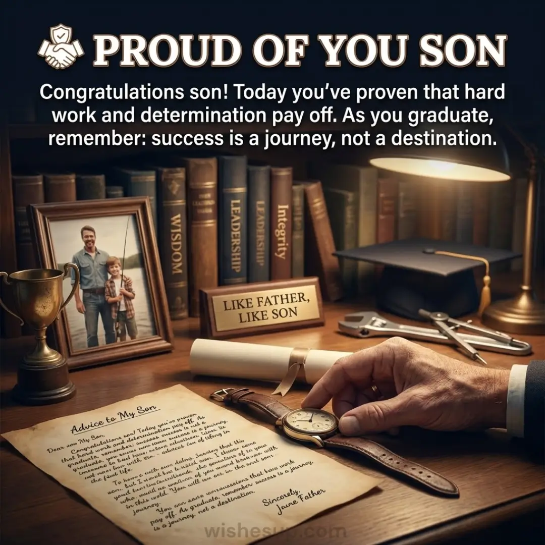 A hand rests beside a vintage watch and an aged parchment letter on a warm, lamp-lit desk. The scene features a graduation cap, a rolled diploma, and leather-bound books titled "Wisdom" and "Integrity" under a soft, golden glow.