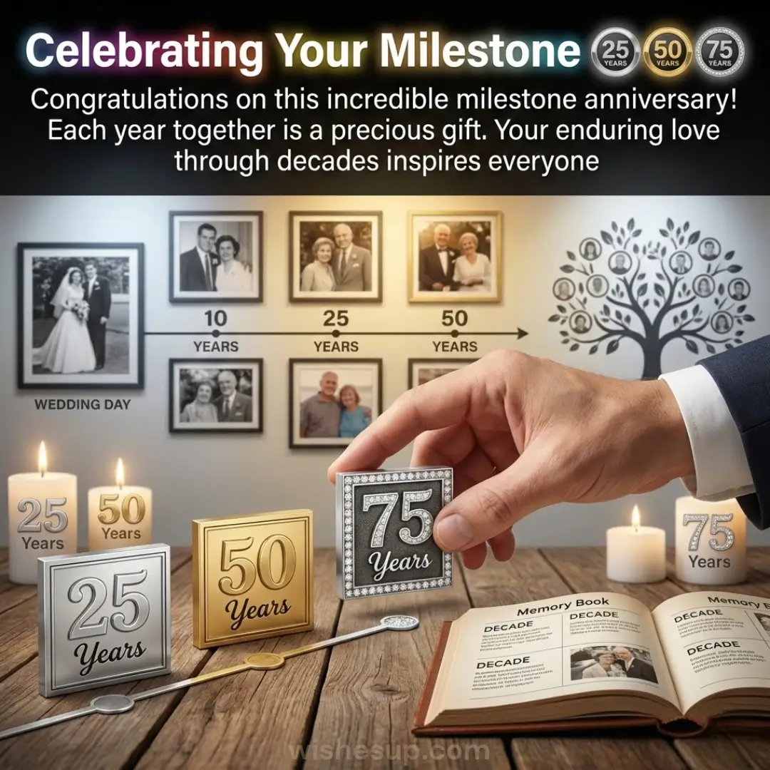 A suit-clad hand places a diamond-encrusted '75 Years' block on a weathered wooden table. Warm candlelight glows against an open memory book and vintage photos, creating a nostalgic atmosphere in soft amber tones.