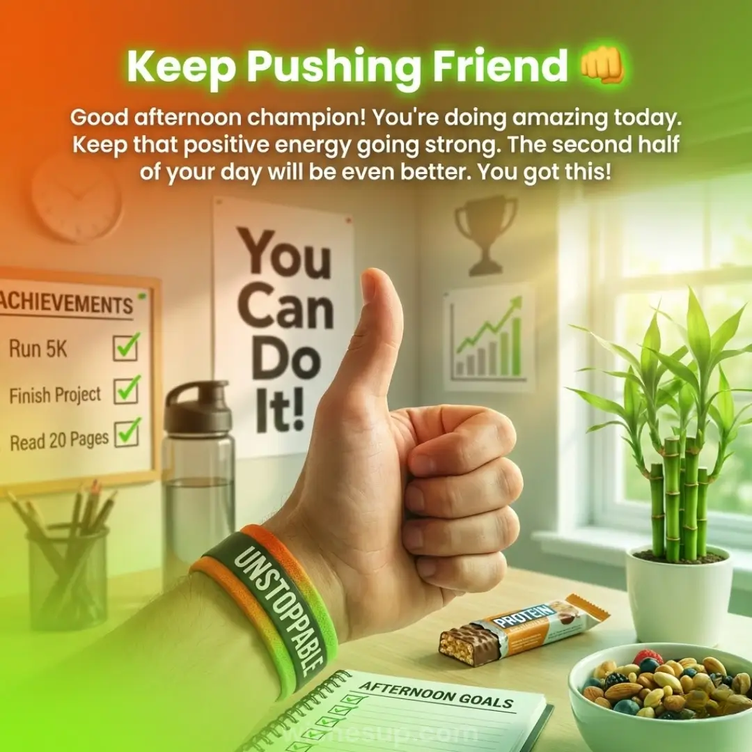 A thumbs-up hand wearing a colorful "UNSTOPPABLE" wristband rests on a desk. Golden afternoon sunlight streams through a window, illuminating a lush green bamboo plant and motivational posters in a bright, airy office workspace.