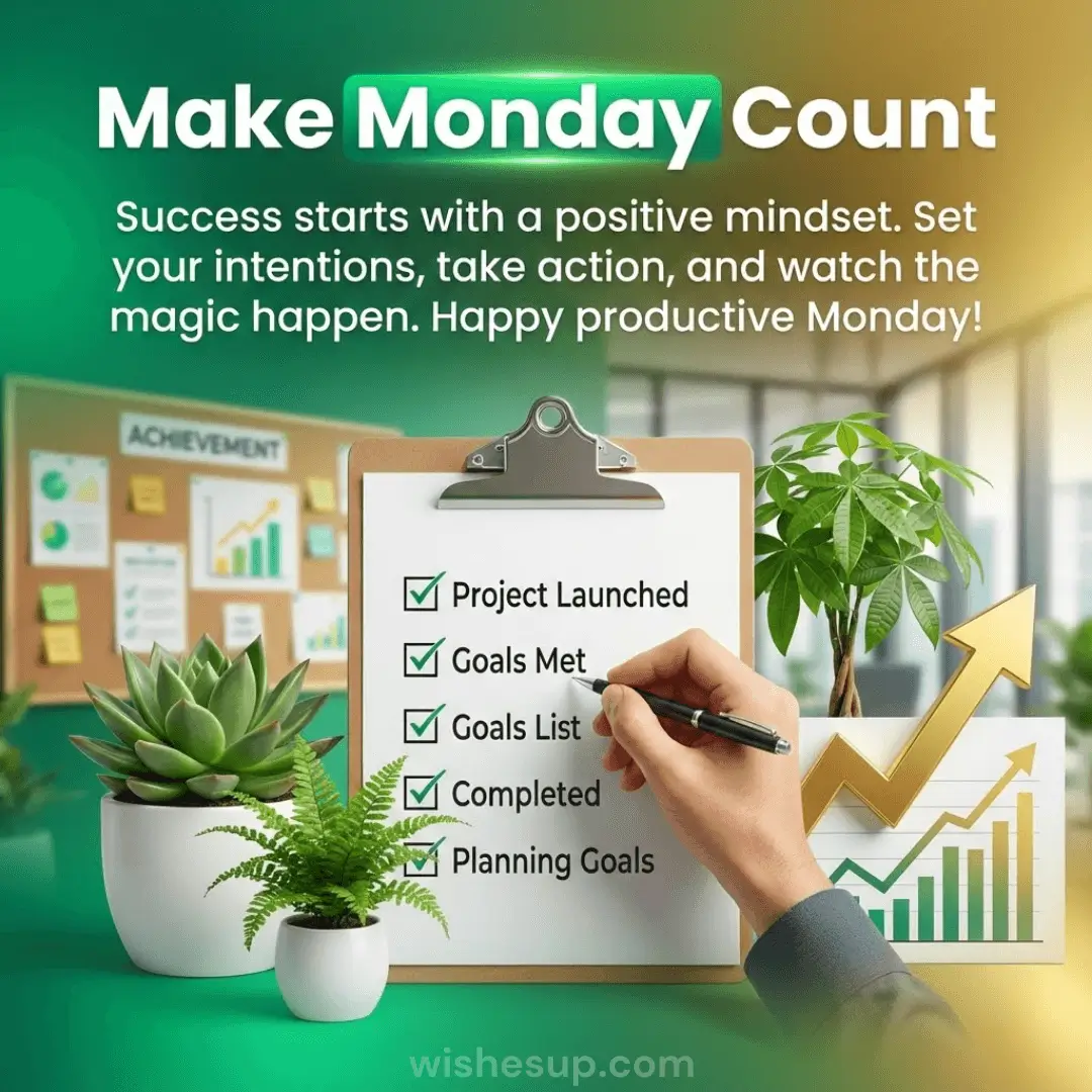A hand marks a checklist on a wooden clipboard atop a teal desk, flanked by lush succulents and a rising golden arrow. Soft morning light fills the office, highlighting the bold 'Make Monday Count' motivational message.