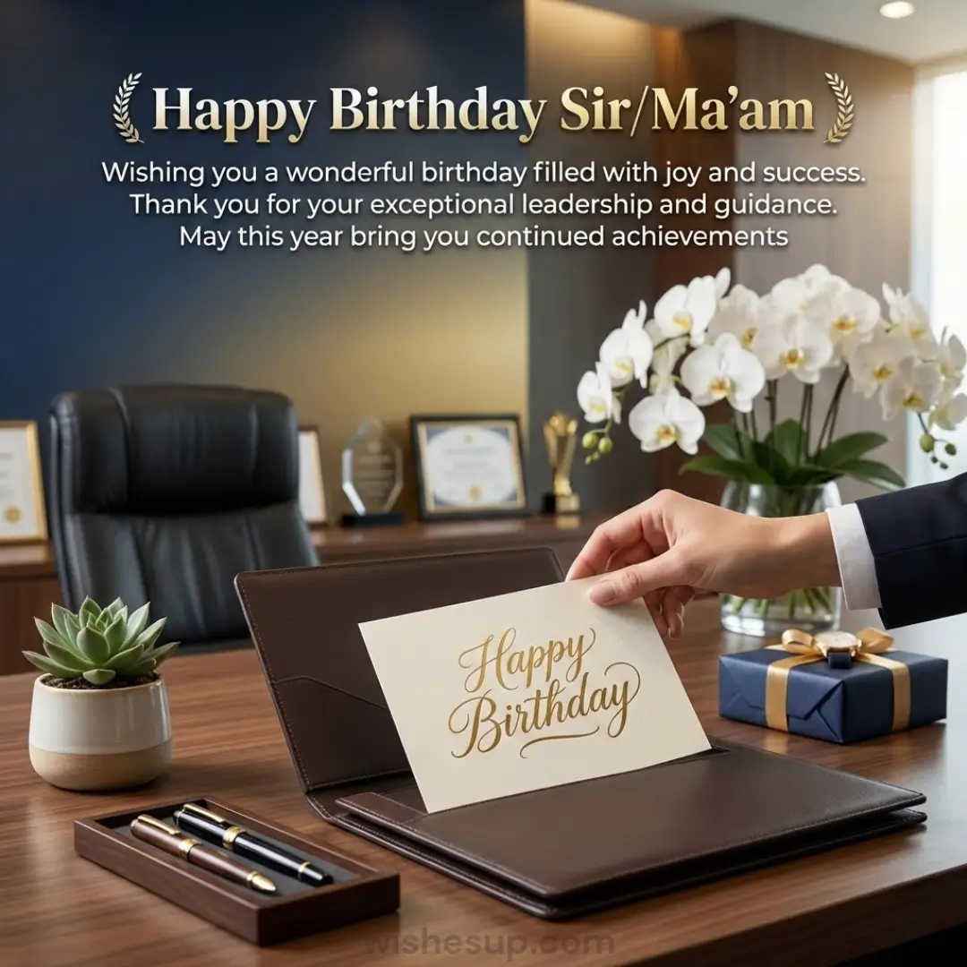 Elegant professional birthday wishes for a boss featuring a hand placing a gold-scripted card into a textured leather folder. This sophisticated executive office scene includes white orchids and a gift box on a wooden desk under warm, ambient light.
