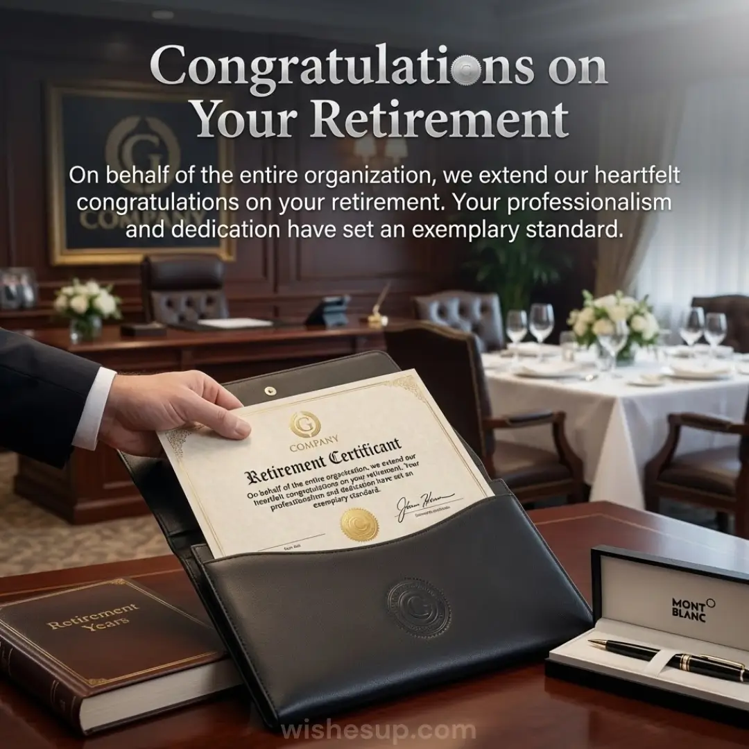 A hand pulls a cream retirement certificate from a black leather folder on a polished mahogany desk. Beside a Montblanc pen, an elegant dining setup with white linens and flowers glows under soft, warm ambient lighting.