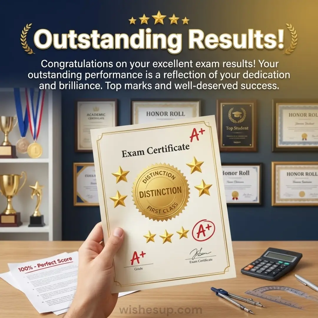 A hand holds a cream exam certificate with red A+ marks and a shimmering gold seal over a wooden desk. Warm lighting glows across a background of trophies and framed awards, highlighting a moment of academic achievement.