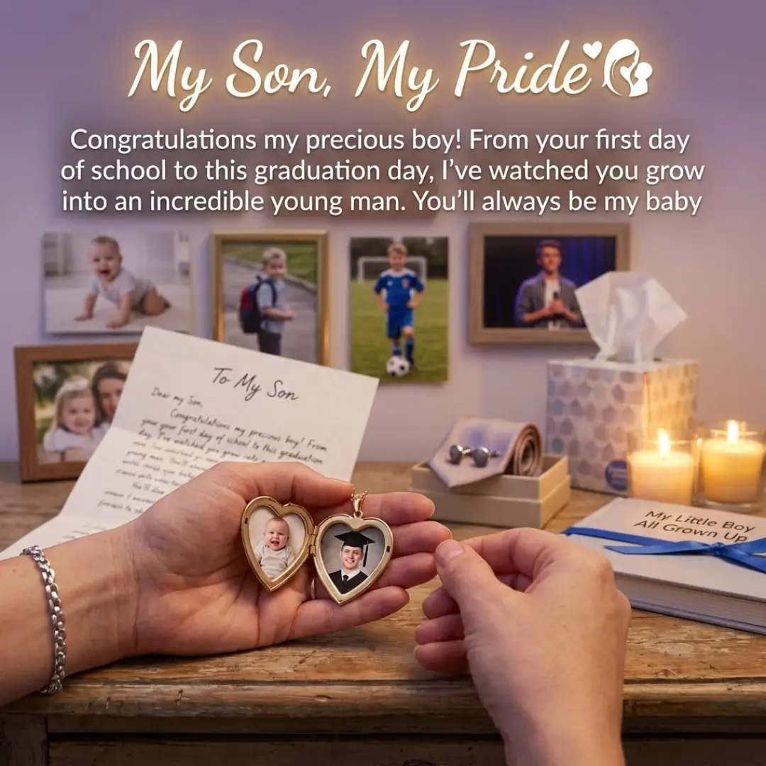 Hands hold an open golden heart locket with baby and graduate photos over a weathered wooden surface. Soft candlelight illuminates a nostalgic scene of framed childhood pictures, a handwritten letter, and a blue keepsake book in a warm, golden glow.
