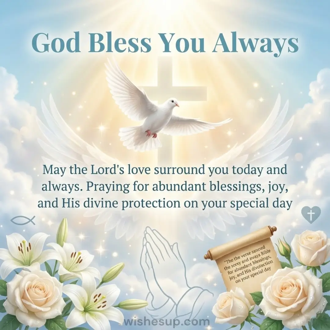 White dove and glowing cross above lilies and roses with text "God Bless You Always" and a prayer for divine protection on your special day.