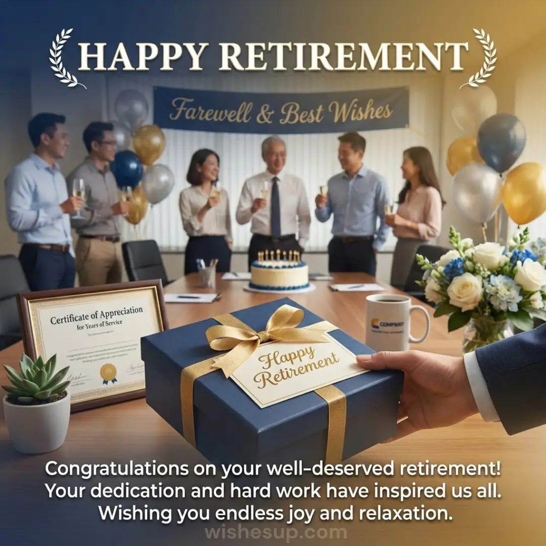 A hand presents a navy blue gift box with a gold ribbon during a warm office celebration. Smiling colleagues stand behind a cake and balloons, while a certificate and white flowers rest on a wooden table under soft, golden light.