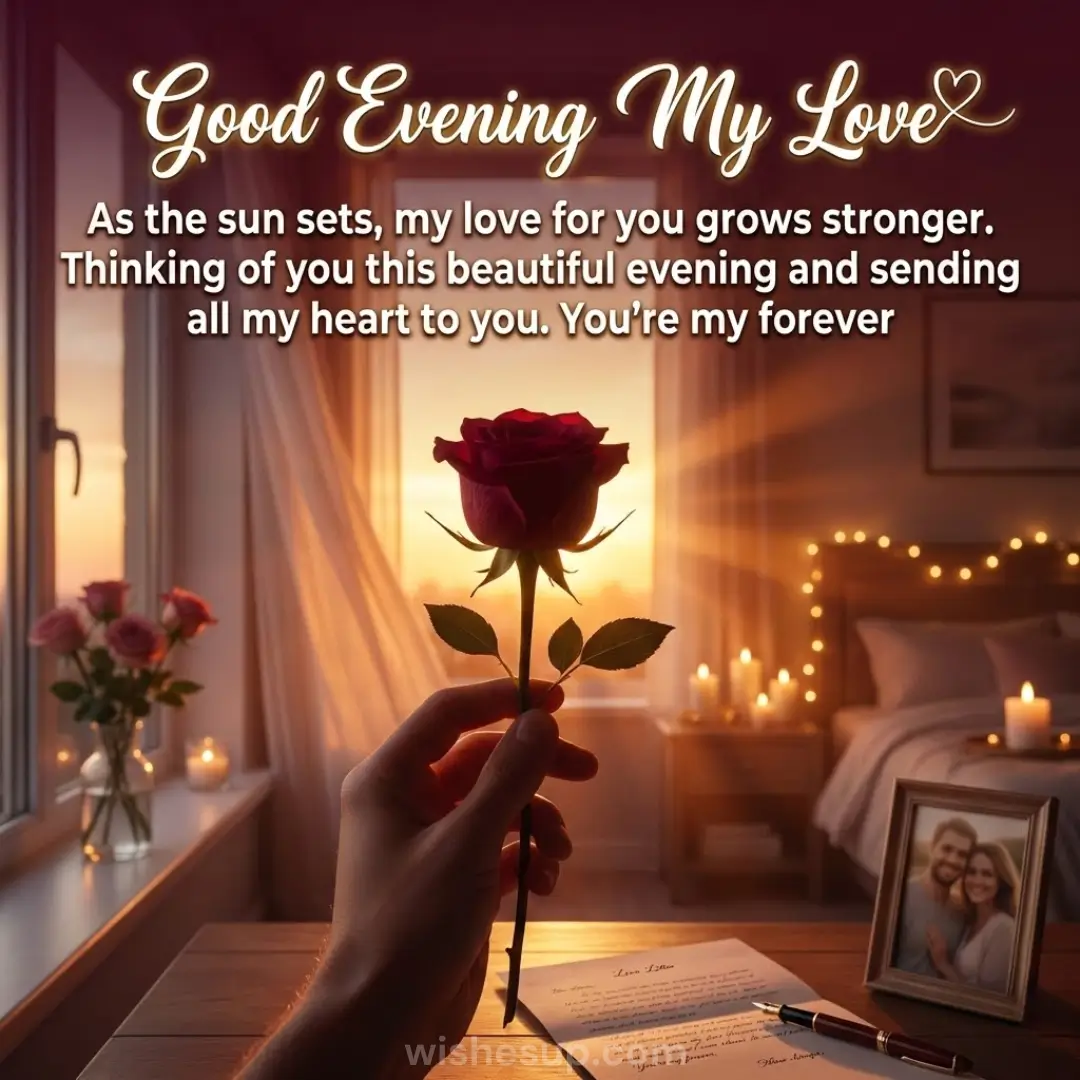 A hand holds a velvety crimson rose against a golden sunset streaming through a window. Warm light illuminates a desk with a handwritten letter, while glowing candles and fairy lights create a soft, romantic mood.