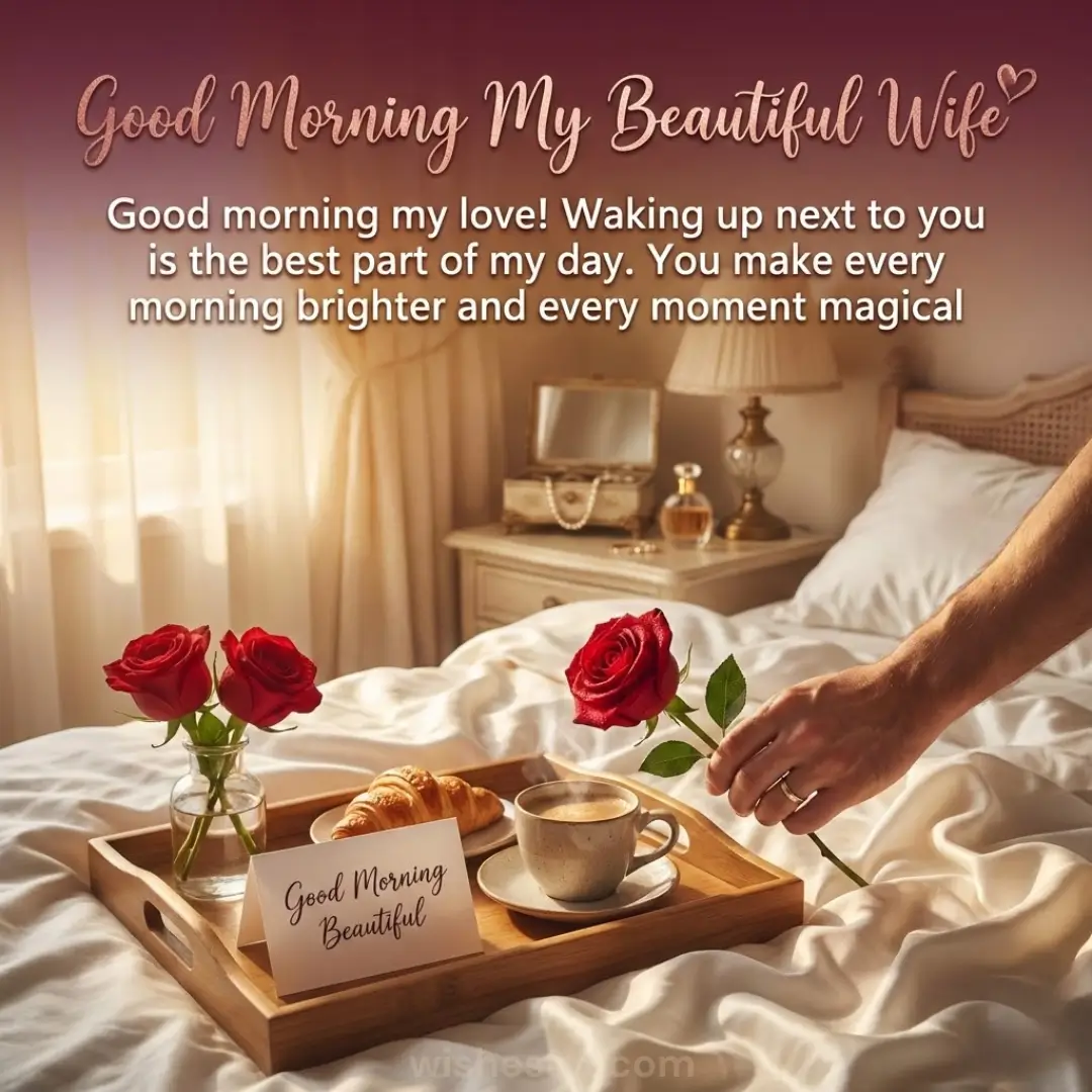 A wooden tray with a golden croissant and steaming coffee rests on rumpled white satin sheets in soft morning light. A man’s hand places a red rose beside a romantic note, framed by rose gold script and warm bedroom decor. Good morning wishes for wife .