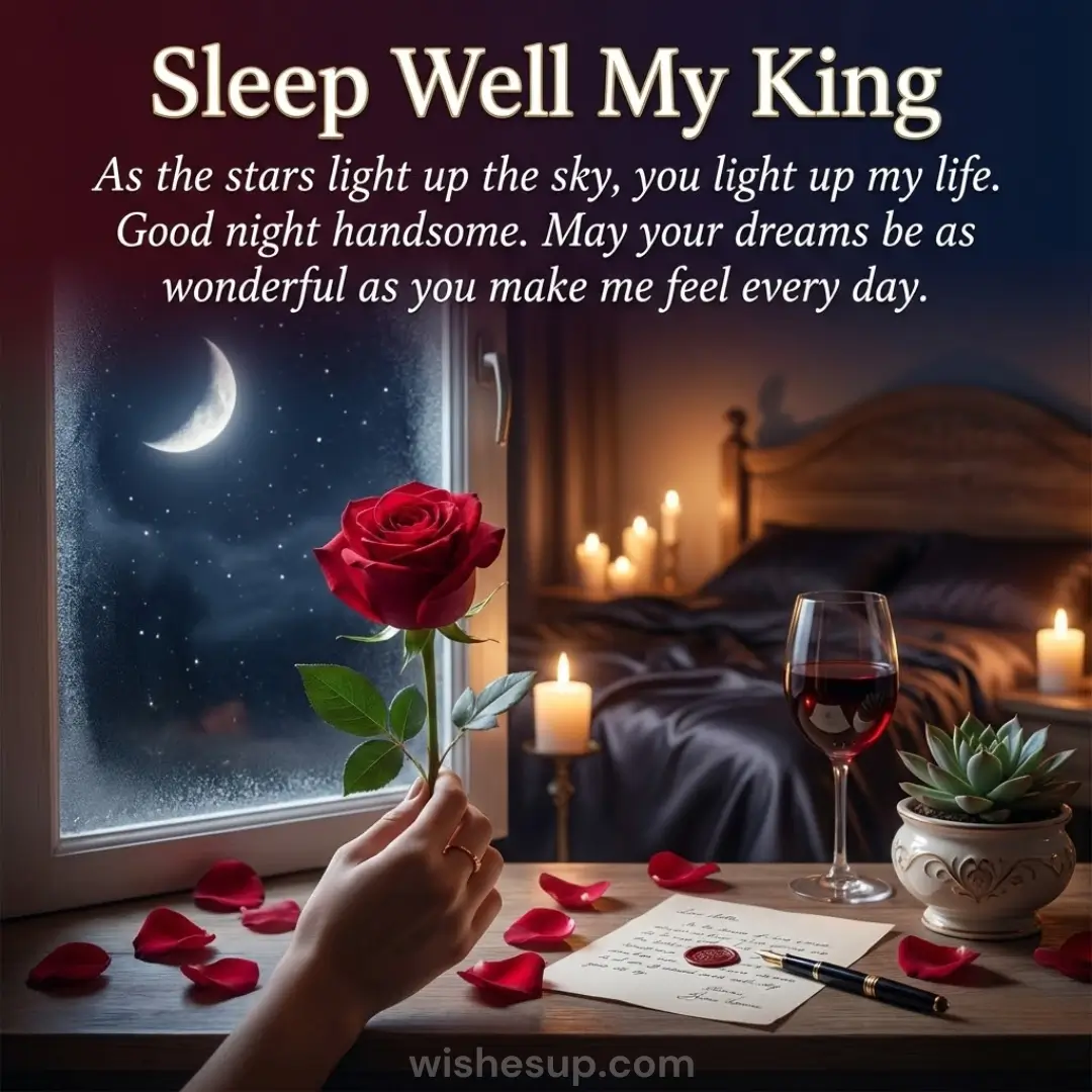 A hand holds a velvety red rose against a frosted window overlooking a crescent moon. Warm candlelight illuminates a glass of red wine, a wax-sealed letter, and dark satin bedding in a soft, amber glow.