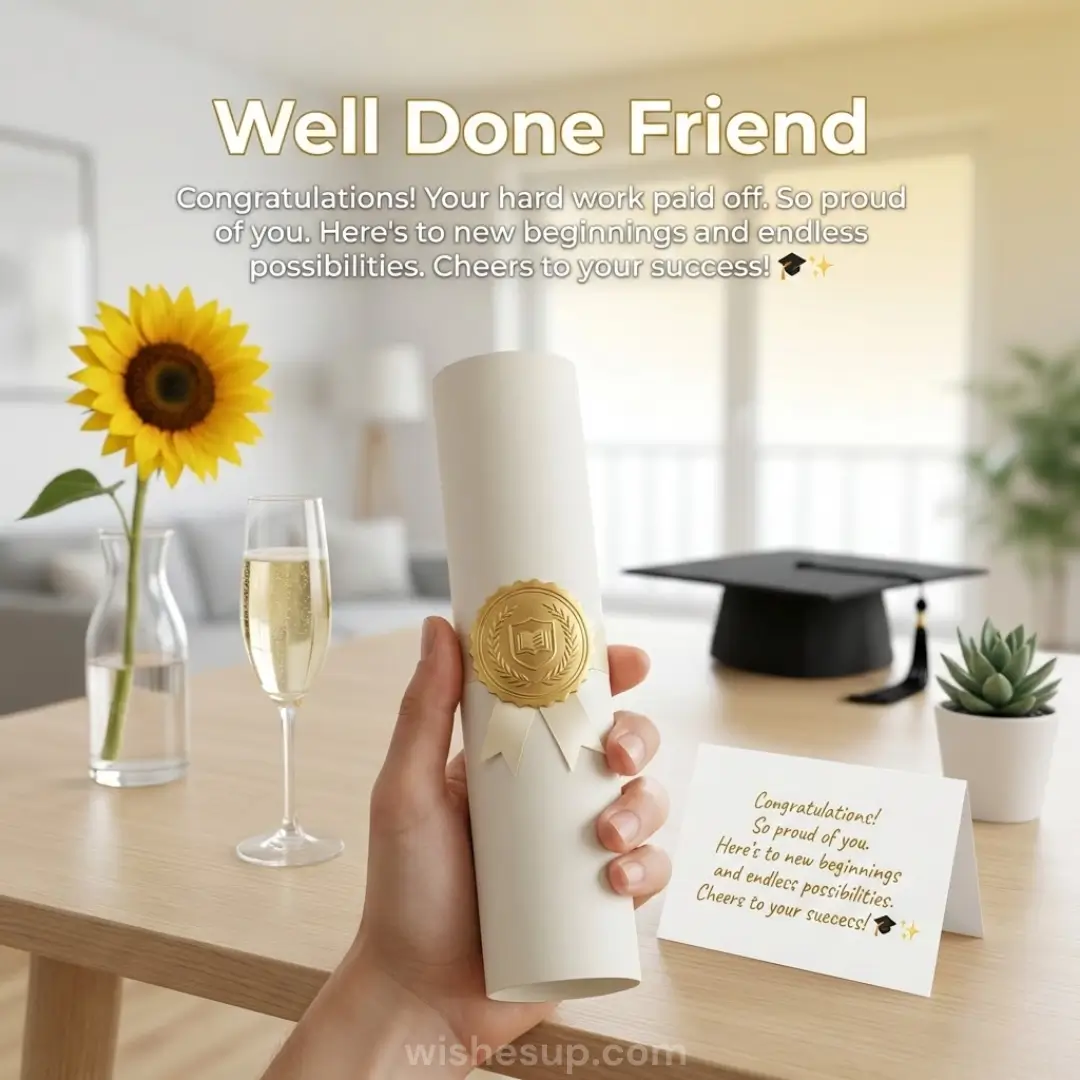 A hand holds a rolled cream diploma with a gold embossed seal over a light wood table. A vibrant yellow sunflower, bubbling champagne, and graduation cap rest in soft, warm light, creating a celebratory scene with a "Well Done Friend" message.