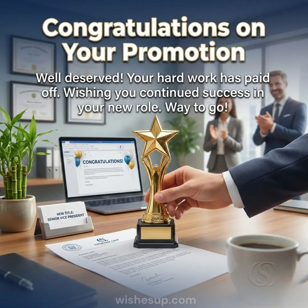 A hand in a navy suit holds a gleaming gold star trophy on a polished wooden desk featuring a "Senior Vice President" card. In the bright office, colleagues applaud beneath bold "Congratulations on Your Promotion" text amidst lush green bamboo.
