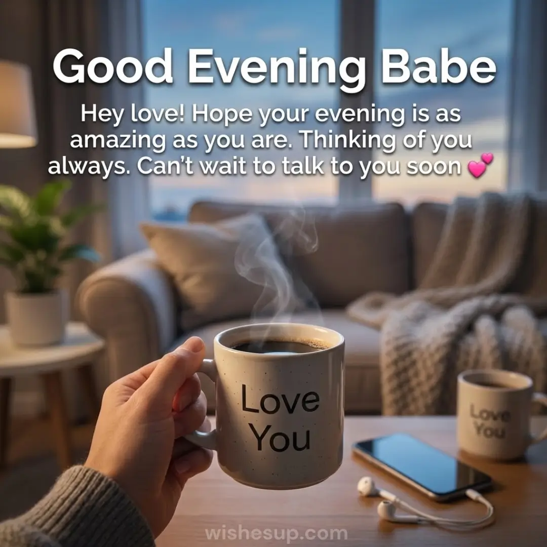 Wisps of steam rise from a white "Love You" mug held in a cozy living room at twilight. Beneath a "Good Evening Babe" greeting, a plush beige sofa sits before a window while warm light glows over a smartphone and earphones.