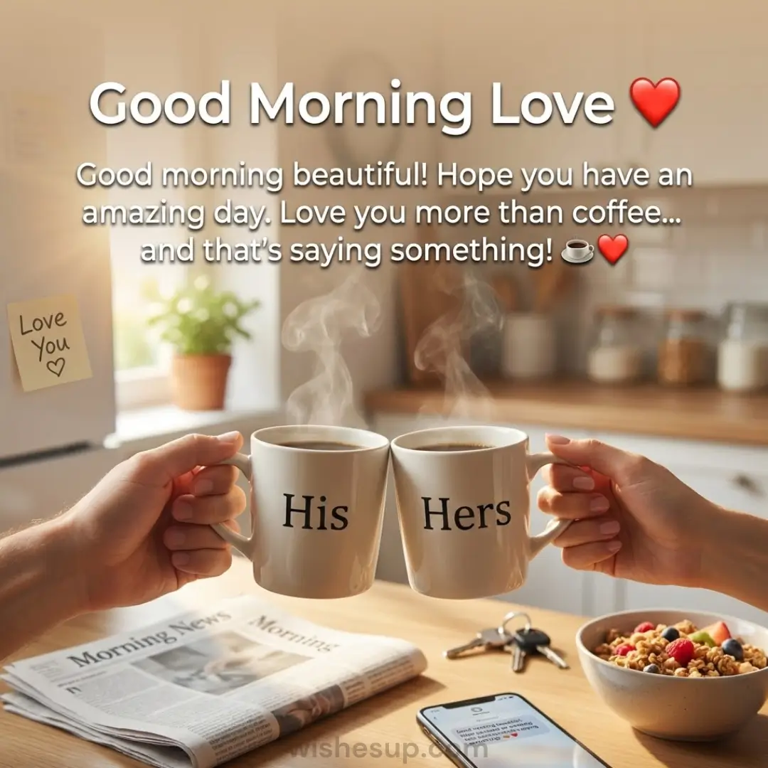Hands clink smooth "His" and "Hers" mugs over a sunlit wooden table with berry-topped granola, as wisps of steam rise into warm morning light amidst romantic text and a heart note in a cozy kitchen.