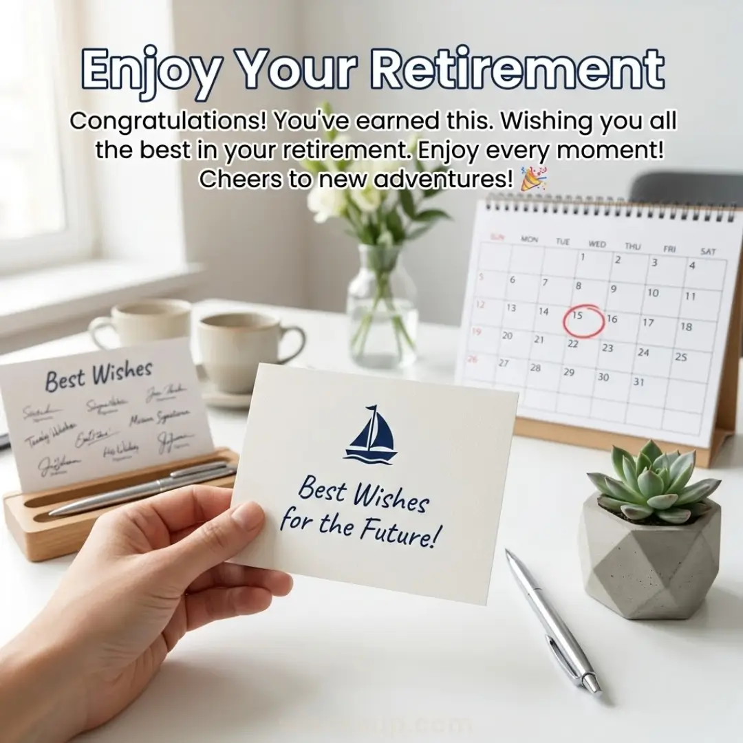 A hand holds a cream card with a navy sailboat icon over a bright, minimalist desk. The background features a calendar with a red-circled date, a succulent in a matte geometric pot, and signed well-wishes under soft, diffused natural light.