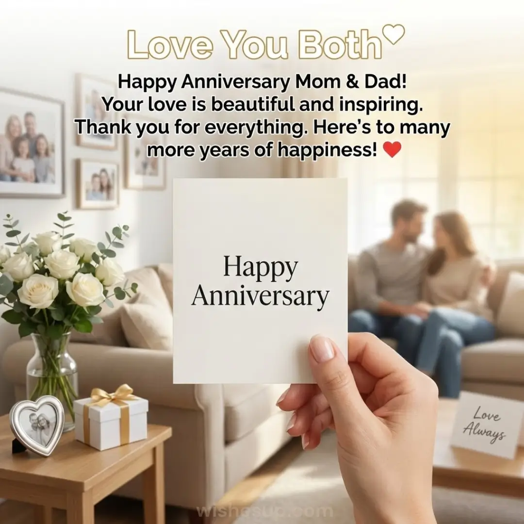 A hand holds a "Happy Anniversary" card in a sun-drenched room with velvet white roses; in the soft-focus background, a couple sits on a sofa bathed in warm, diffused light, creating a cozy, celebratory atmosphere.