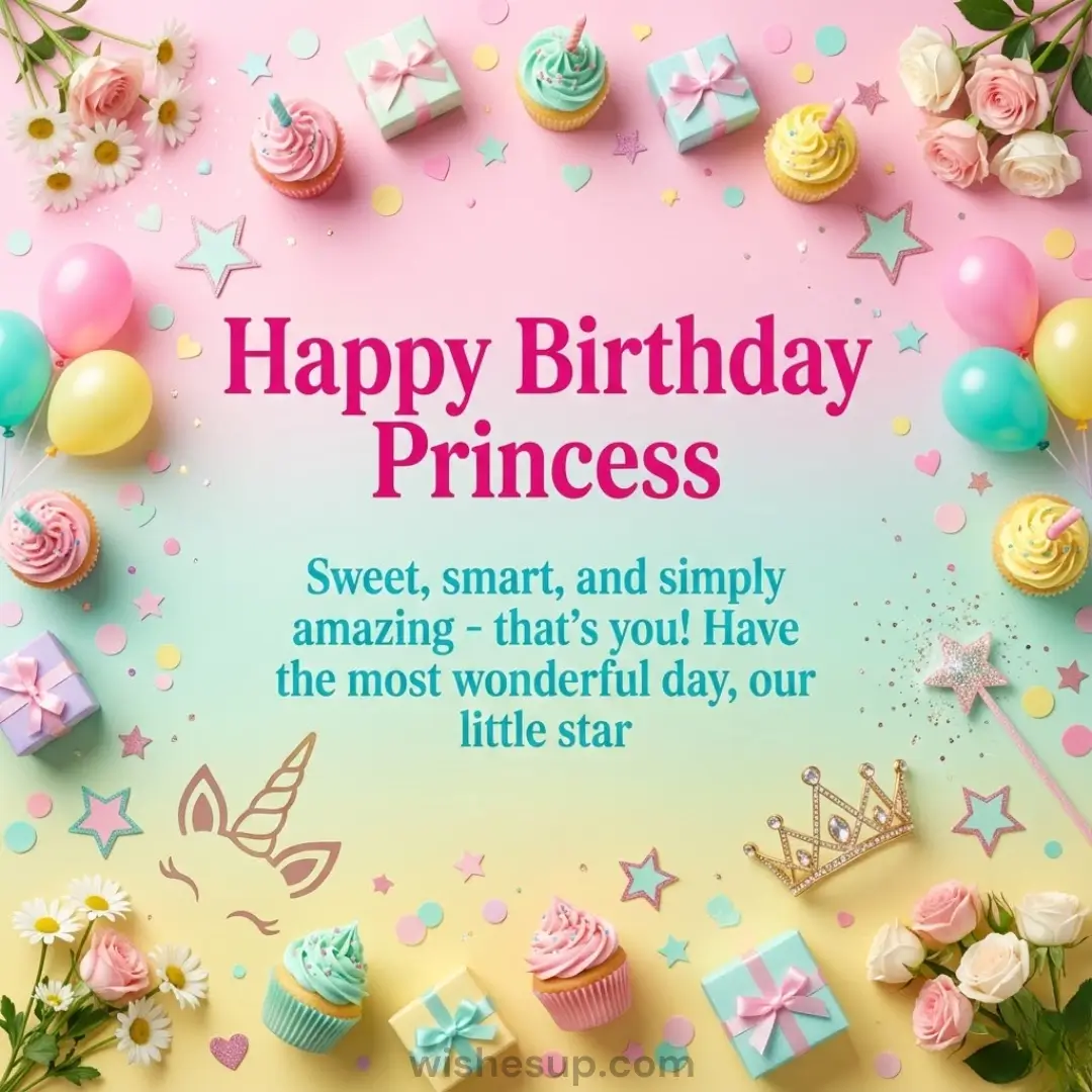 Pastel "Happy Birthday Princess" card with a gold tiara, unicorn, and cupcakes, reading "Sweet, smart, and simply amazing."