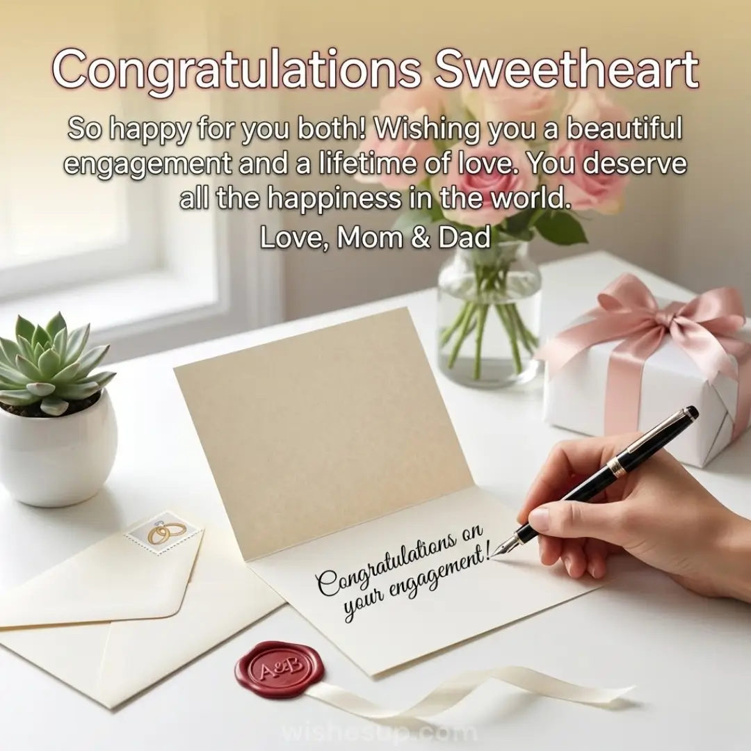 A hand uses a fountain pen to write elegant calligraphy on a cream engagement card. Soft diffused light illuminates a white desk featuring pink roses, a satin-ribboned gift, a succulent, and a classic red wax seal.